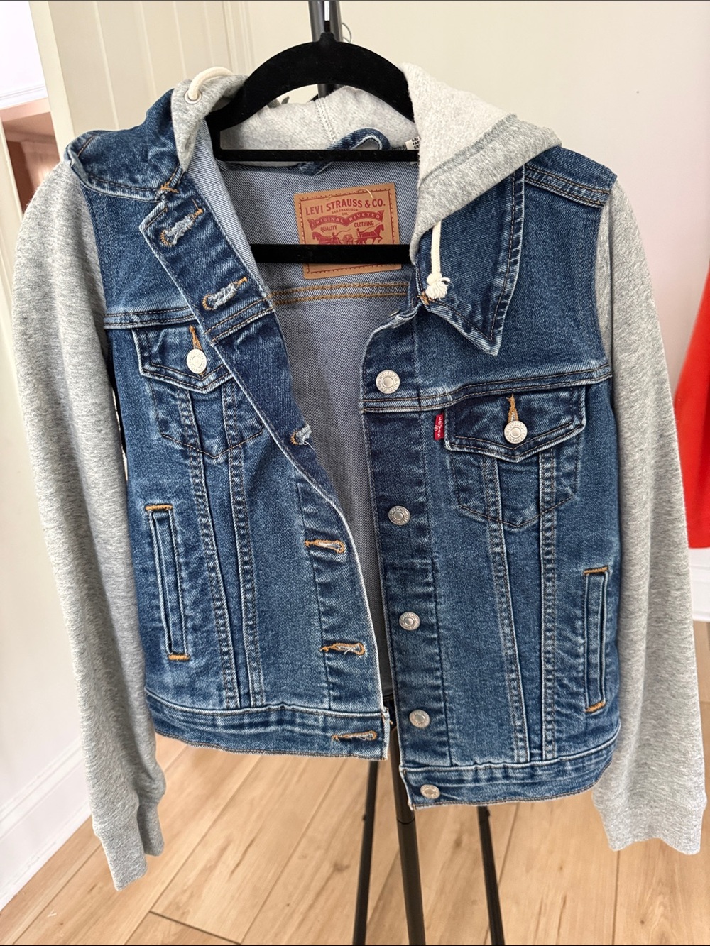 Levi's Blue Denim Jacket with Grey Hoodie Sleeves